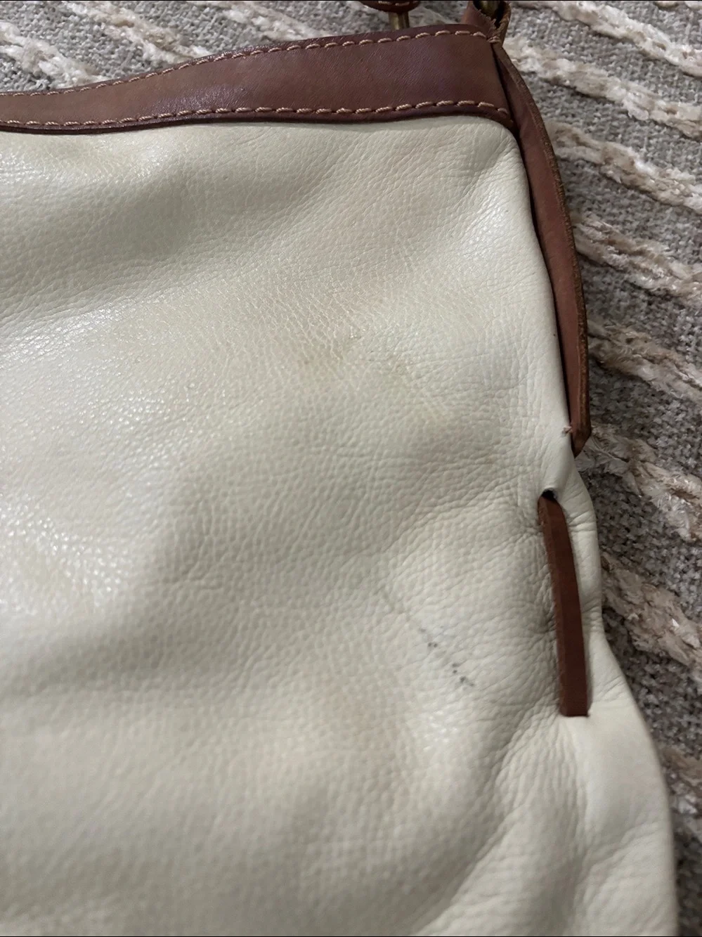 Lucky Brand Leather Crossbody Large Fold over Bag in Cream with Brown Trim -